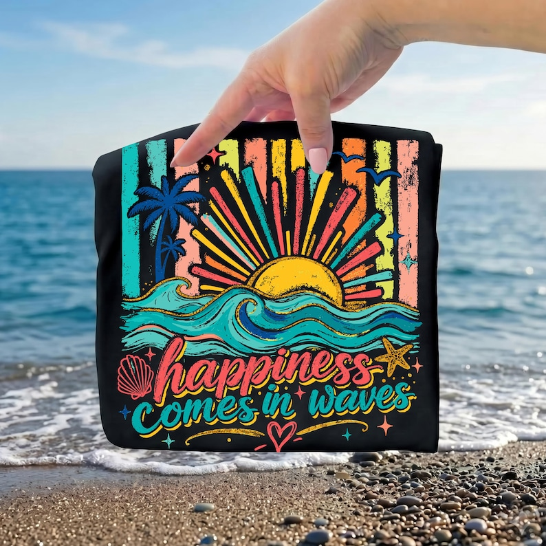 Comfort Colors Happiness Comes in Waves Cosmetic Bag, Beach Makeup Bag, Ocean Lover Travel Pouch, Coastal Toiletry Bag for Women