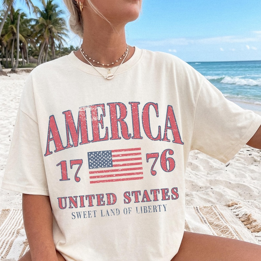 Comfort Colors America 1776 Vintage Patriotic Shirt, United States Sweet Land of Liberty Tee, Fourth of July Graphic T Shirt for Women