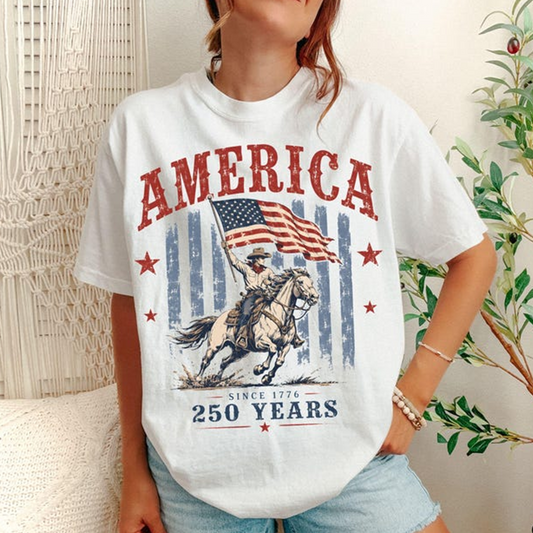 Comfort Colors America 250 Years Shirt, Vintage Cowboy Riding Horse with American Flag, U.S. 250th Anniversary Celebration Tee