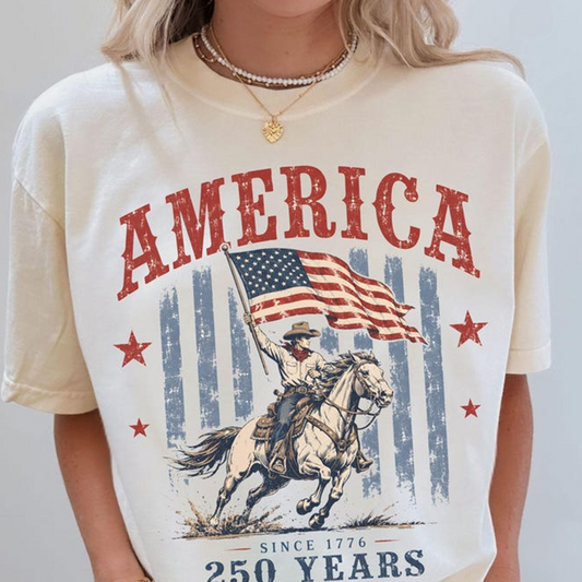 Comfort Colors America 250 Years Shirt, Vintage Cowboy Riding Horse with American Flag, U.S. 250th Anniversary Celebration Tee
