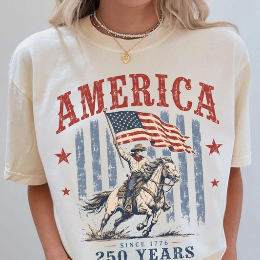 Comfort Colors America 250th Anniversary Shirt, Vintage Western Cowboy Patriotic Shirt, American Flag Freedom Celebration Apparel
