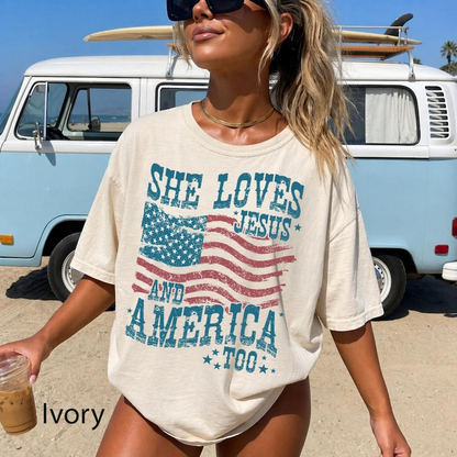 Comfort Colors She Loves Jesus and America Too Shirt, Christian Patriotic Tee for Women, American Flag Faith Apparel, Fourth of July Outfit