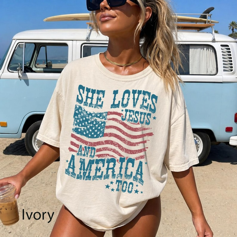 Comfort Colors Christian Patriotic Shirt for Women, She Loves Jesus and America Too Graphic Tee, Faith and Freedom American Flag Apparel, America 250th Anniversary Shirt