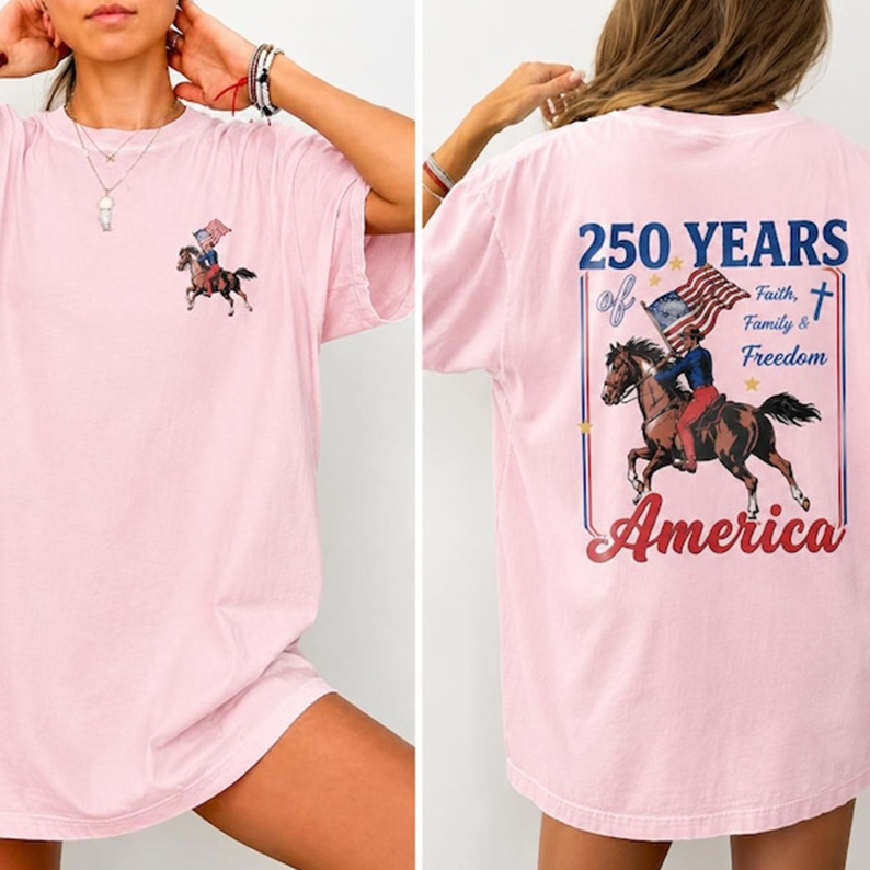 America 250 Years Shirt, Faith Family Freedom Cowboy Tee, Patriotic Western USA 1776-2026 Anniversary T-Shirt, 250th Anniversary Shirt