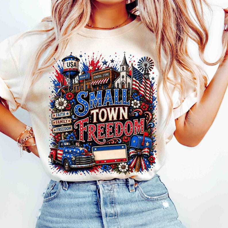 Comfort Colors Small Town Freedom Shirt, Patriotic America Tee, Faith Family Freedom Fourth of July Graphic T Shirt for Women Men, 250th Anniversary Shirt