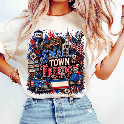 Comfort Colors Small Town Freedom Shirt, Patriotic America Tee, Faith Family Freedom Fourth of July Graphic T Shirt for Women Men, 250th Anniversary Shirt