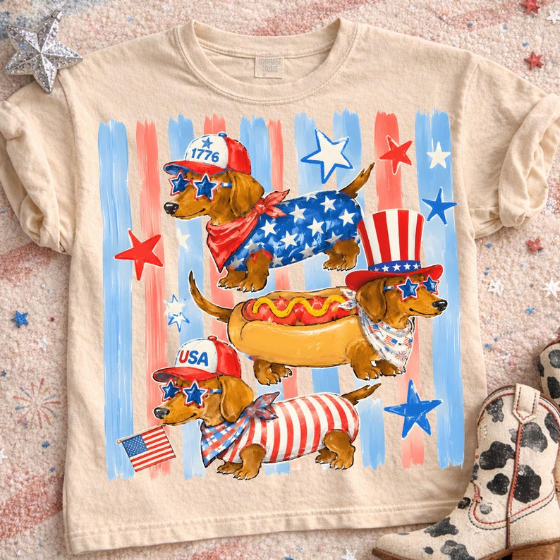Comfort Colors Patriotic Dachshund Shirt, Funny Hot Dog Wiener Dog Tee, USA Flag Fourth of July Dog Shirt for Women Men, 250th Anniversary Shirt