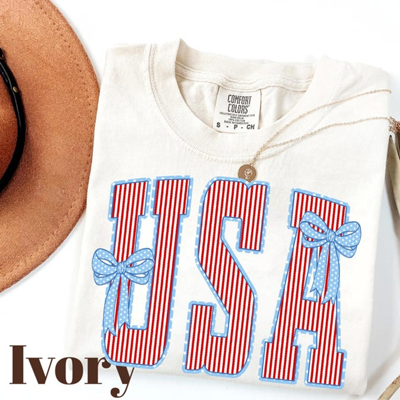 Comfort Colors Patriotic USA Shirt with Red White Blue Stripes and Bow Graphic Tee 250th Anniversary Independence Day
