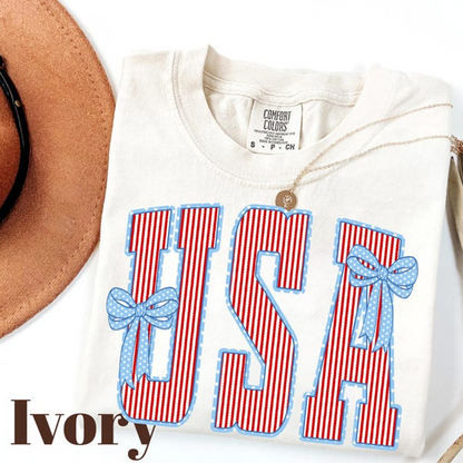 Comfort Colors Patriotic USA Shirt with Red White Blue Stripes and Bow Graphic Tee 250th Anniversary Independence Day