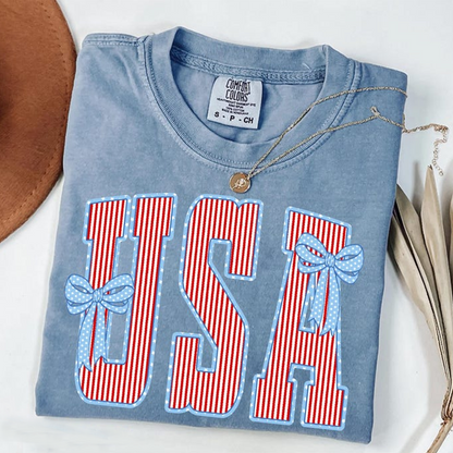 Comfort Colors Patriotic USA Shirt with Red White Blue Stripes and Bow Graphic Tee 250th Anniversary Independence Day