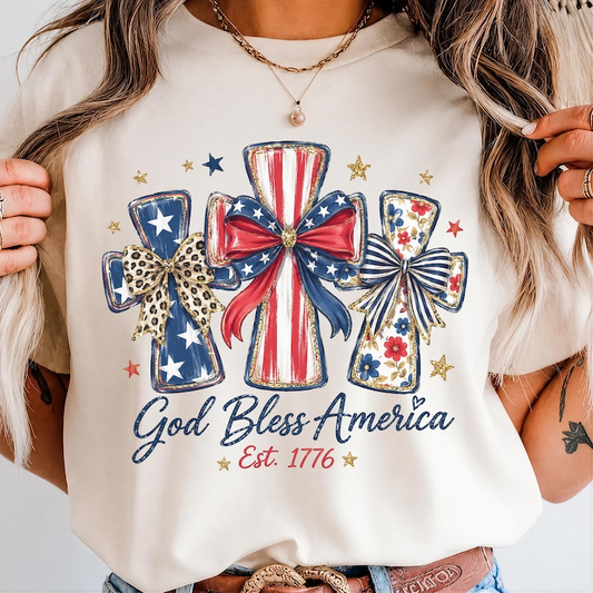 God Bless America Cross Shirt, Vintage Patriotic Christian Tee, USA Flag Floral Cross Fourth of July Shirt, 250th Anniversary Shirt