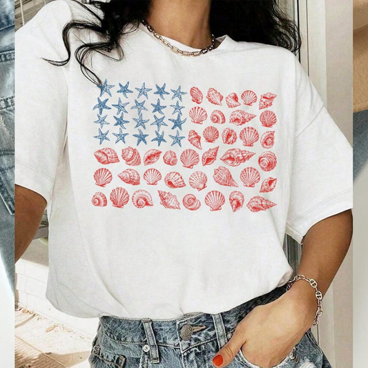 Comfort Colors Coastal American Flag Seashell Shirt, Patriotic Beach Lover Tee, Summer Ocean Graphic T Shirt, 4th of July Coastal Apparel