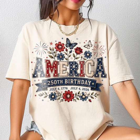 Comfort Colors America 250 Years of Freedom Shirt, Vintage Patriotic Floral Graphic Tee, Independence Day 2026 Apparel for Women