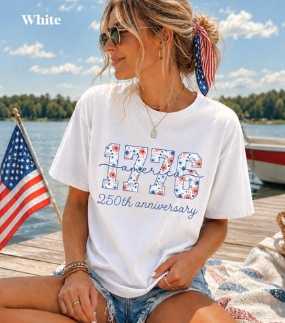 Comfort Colors America 1776 Shirt, 250th Anniversary Floral Graphic Tee, Patriotic Fourth of July Apparel for Women