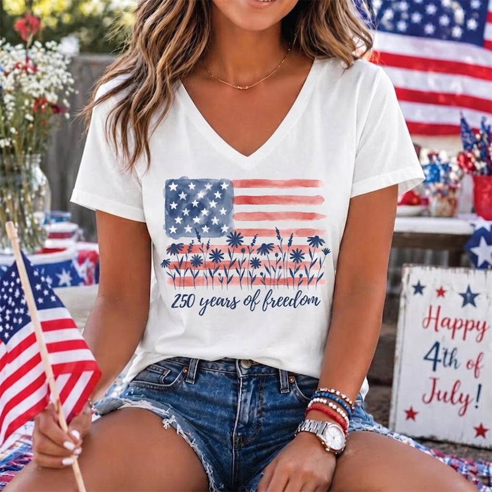 Patriotic USA Flag Shirt, 250 Years of Freedom Graphic Tee, Red White Blue Fourth of July Shirt for Moms, 250th Anniversary V-Neck