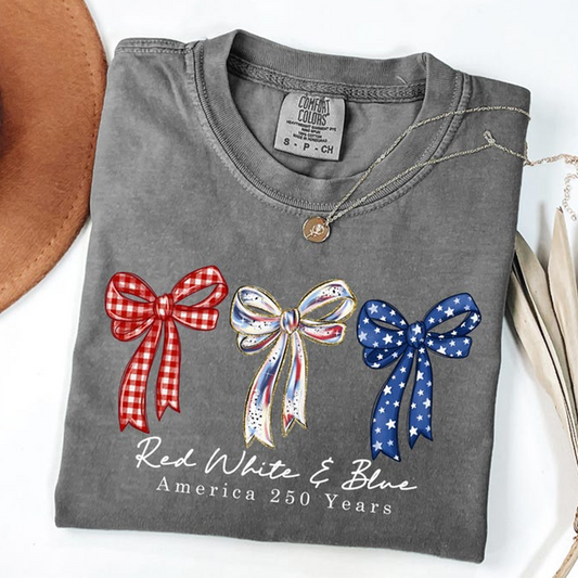 Comfort Colors Red White & Blue Bow Shirt, America 250 Years Patriotic Tee, Fourth of July Shirt for Women, USA Independence Celebration Shirt, 250th Anniversary Shirt