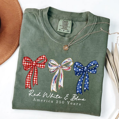 Comfort Colors Red White & Blue Bow Shirt, America 250 Years Patriotic Tee, Fourth of July Shirt for Women, USA Independence Celebration Shirt, 250th Anniversary Shirt