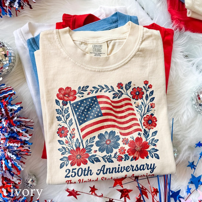 Comfort Colors USA 250th Anniversary Floral Shirt, American Flag Graphic Tee, Patriotic Freedom Celebration Apparel for Women