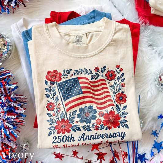 Comfort Colors USA 250th Anniversary Floral Shirt, American Flag Graphic Tee, Patriotic Freedom Celebration Apparel for Women