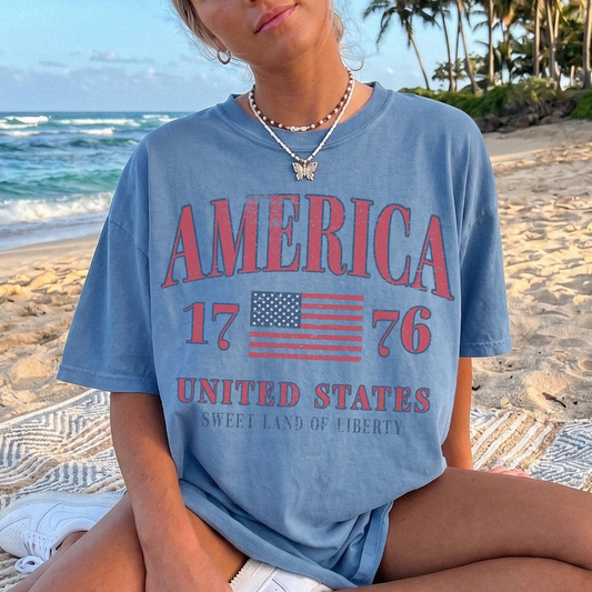 Comfort Colors America 1776 Vintage Patriotic Shirt, United States Sweet Land of Liberty Tee, Fourth of July Graphic T Shirt for Women