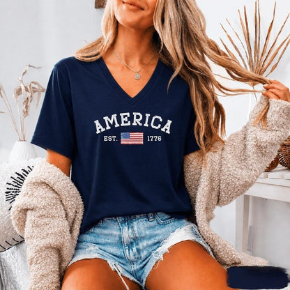 America Est 1776 Shirt, Vintage Patriotic USA Flag V Neck Tee, Classic Fourth of July Shirt for Women Men, 250th Anniversary V-Neck