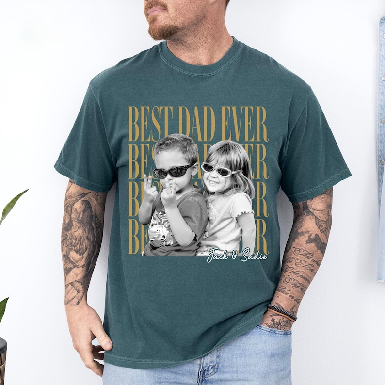 Comfort Colors Personalized Best Dad Ever Shirt with Kids Photo, Custom Photo Dad Tee, Father’s Day Gift for Daddy Papa Grandpa