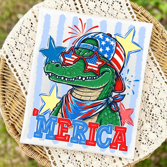 Merica Alligator Shirt, Funny Patriotic Crocodile Tee, USA Flag Fourth of July Graphic T Shirt for Women Men, 250th Anniversary Shirt