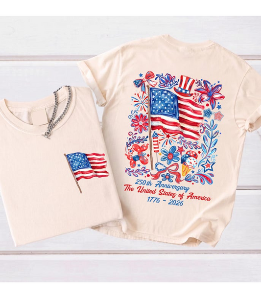 America 250th Anniversary Shirt, Patriotic American Flag Back Print T-Shirt, USA 1776-2026 Independence Day Graphic Tee