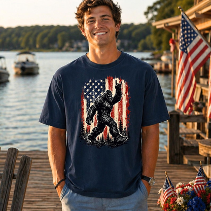 Patriotic Bigfoot Shirt, Sasquatch with American Flag Tee, Funny Independence Day T Shirt for Bigfoot Lovers, 250th Anniversary Shirt