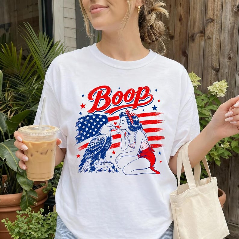 Comfort Colors Boop Patriotic Shirt, Funny Pin Up Girl and Bald Eagle Tee, USA Flag Fourth of July Graphic T Shirt for Women, 250th Anniversary Shirt