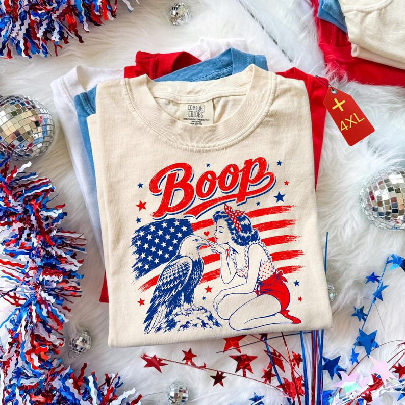 Comfort Colors Boop Patriotic Shirt, Funny Pin Up Girl and Bald Eagle Tee, USA Flag Fourth of July Graphic T Shirt for Women, 250th Anniversary Shirt