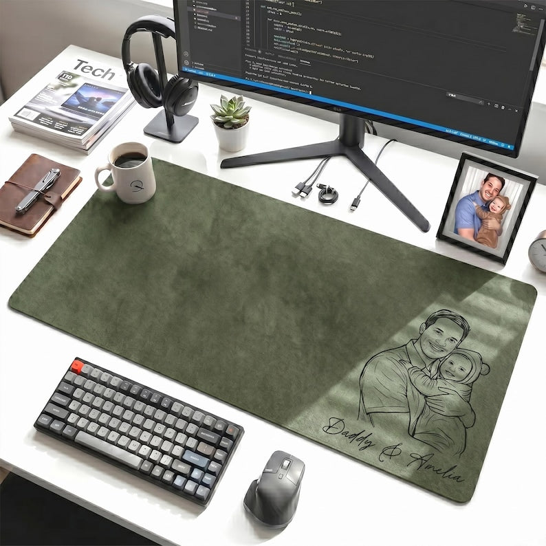 Custom Dad Photo Sketch Line Art Desk Mat, Personalized Dad We Love You, Father's Day Gift For Husband, Dad Picture Desk Pad Mouse Mat