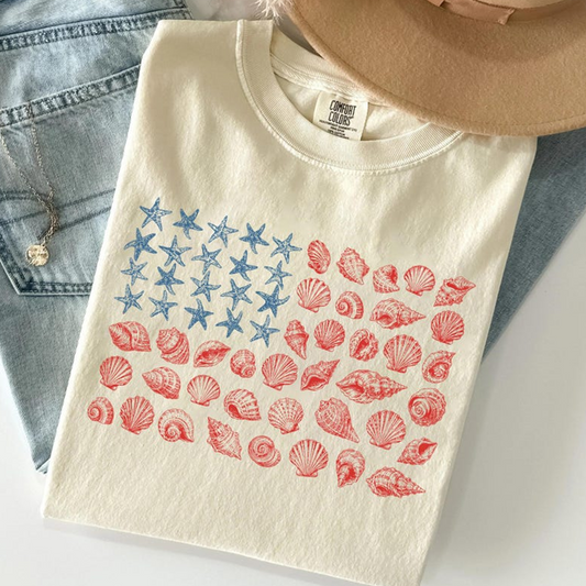 Comfort Colors Coastal American Flag Seashell Shirt, Patriotic Beach Lover Tee, Summer Ocean Graphic T Shirt, 4th of July Coastal Apparel