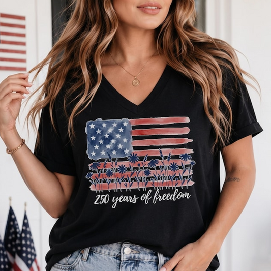 Patriotic USA Flag Shirt, 250 Years of Freedom Graphic Tee, Red White Blue Fourth of July Shirt for Moms, 250th Anniversary V-Neck