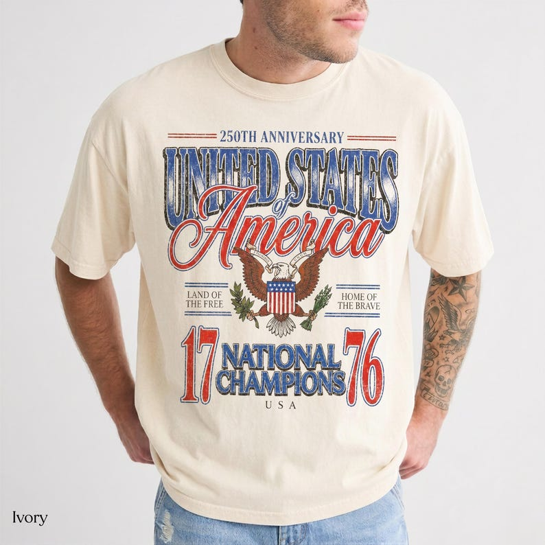 Comfort Colors America 250th Anniversary Shirt, 1776 National Champions Graphic Tee, Patriotic USA Flag Eagle Apparel for Men