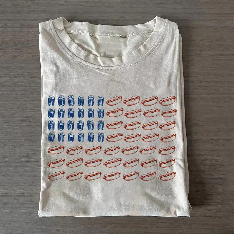 Hot Dogs and Beer American Flag Shirt, Funny Patriotic BBQ Tee, Fourth of July Food Graphic T Shirt for Women Men, 250th Anniversary Shirt