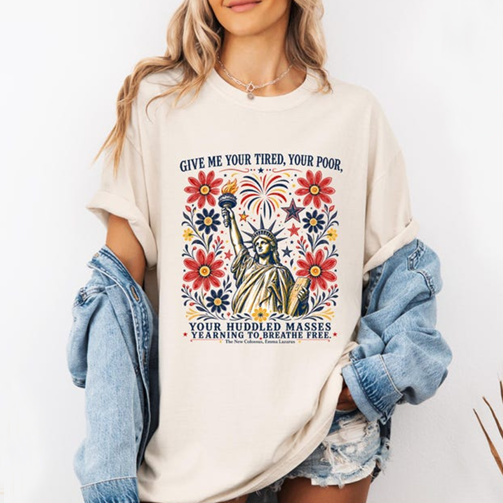 Comfort Colors Give Me Your Tired Your Poor Shirt, Statue of Liberty Patriotic Tee, American Freedom Quote Shirt, Fourth of July Graphic T Shirt