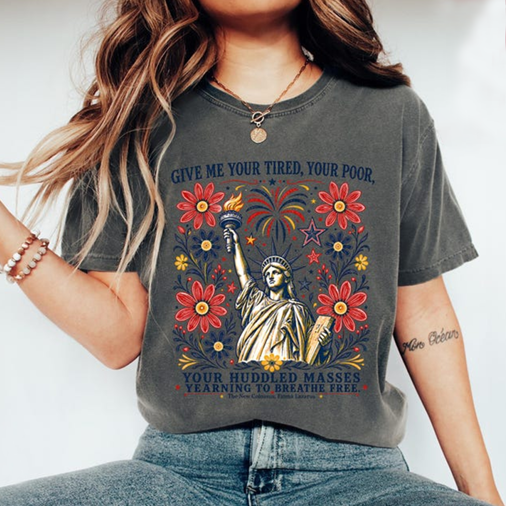 Comfort Colors Give Me Your Tired Your Poor Shirt, Statue of Liberty Patriotic Tee, American Freedom Quote Shirt, Fourth of July Graphic T Shirt