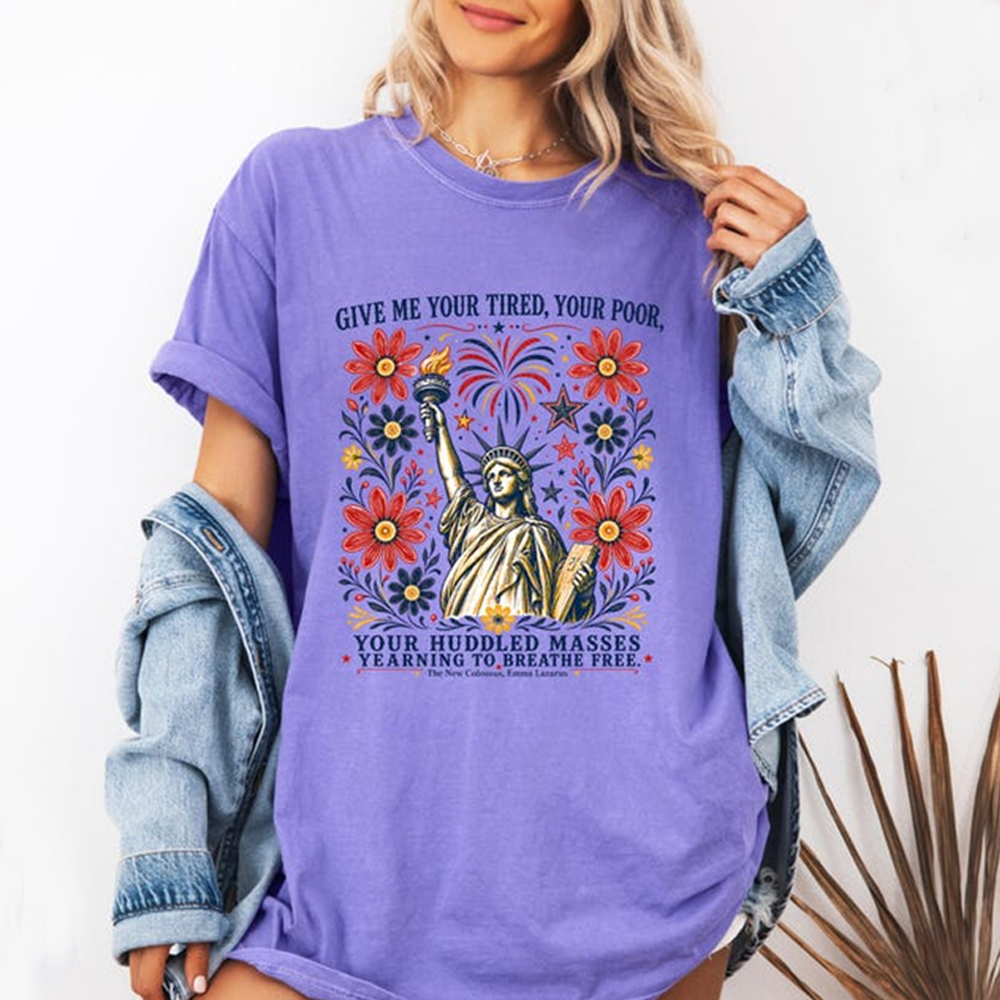 Comfort Colors Give Me Your Tired Your Poor Shirt, Statue of Liberty Patriotic Tee, American Freedom Quote Shirt, Fourth of July Graphic T Shirt