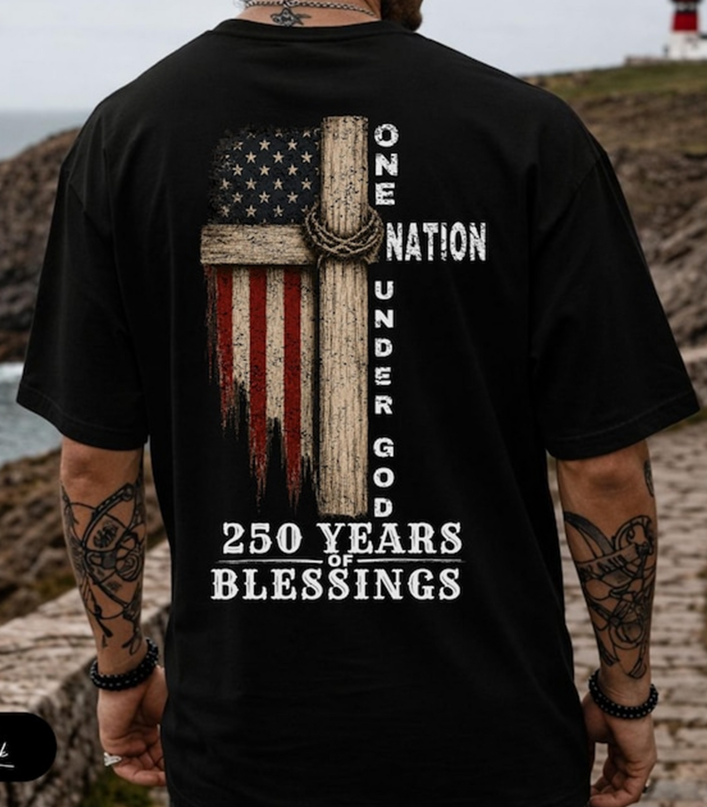 One Nation Under God 250 Years of Blessings Shirt, Christian Patriotic Back Print T-Shirt, American Flag Cross Faith Tee