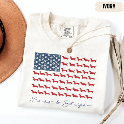 Comfort Colors Paws and Stripes Dachshund Shirt, Patriotic Wiener Dog Tee, USA Flag Dog Lover Fourth of July T Shirt, 250th Anniversary Shirt