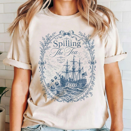 Comfort Colors Spilling The Tea Since 1773 Shirt, Vintage Boston Tea Party Graphic Tee, Patriotic American History T-Shirt for Women, America 250th Anniversary Shirt