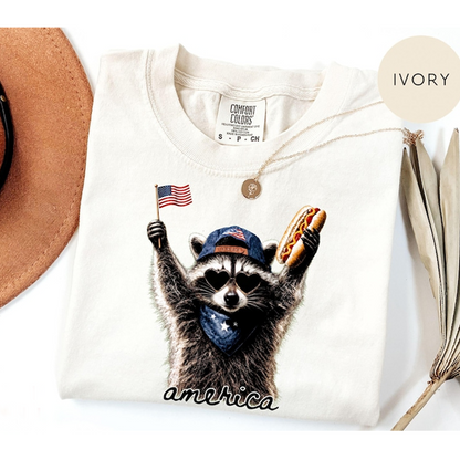Comfort Colors Funny America Raccoon Shirt with Sunglasses and Hot Dog, Patriotic USA Flag Tee, Cute 4th of July Graphic T Shirt for Adults, 250th Anniversary Shirt