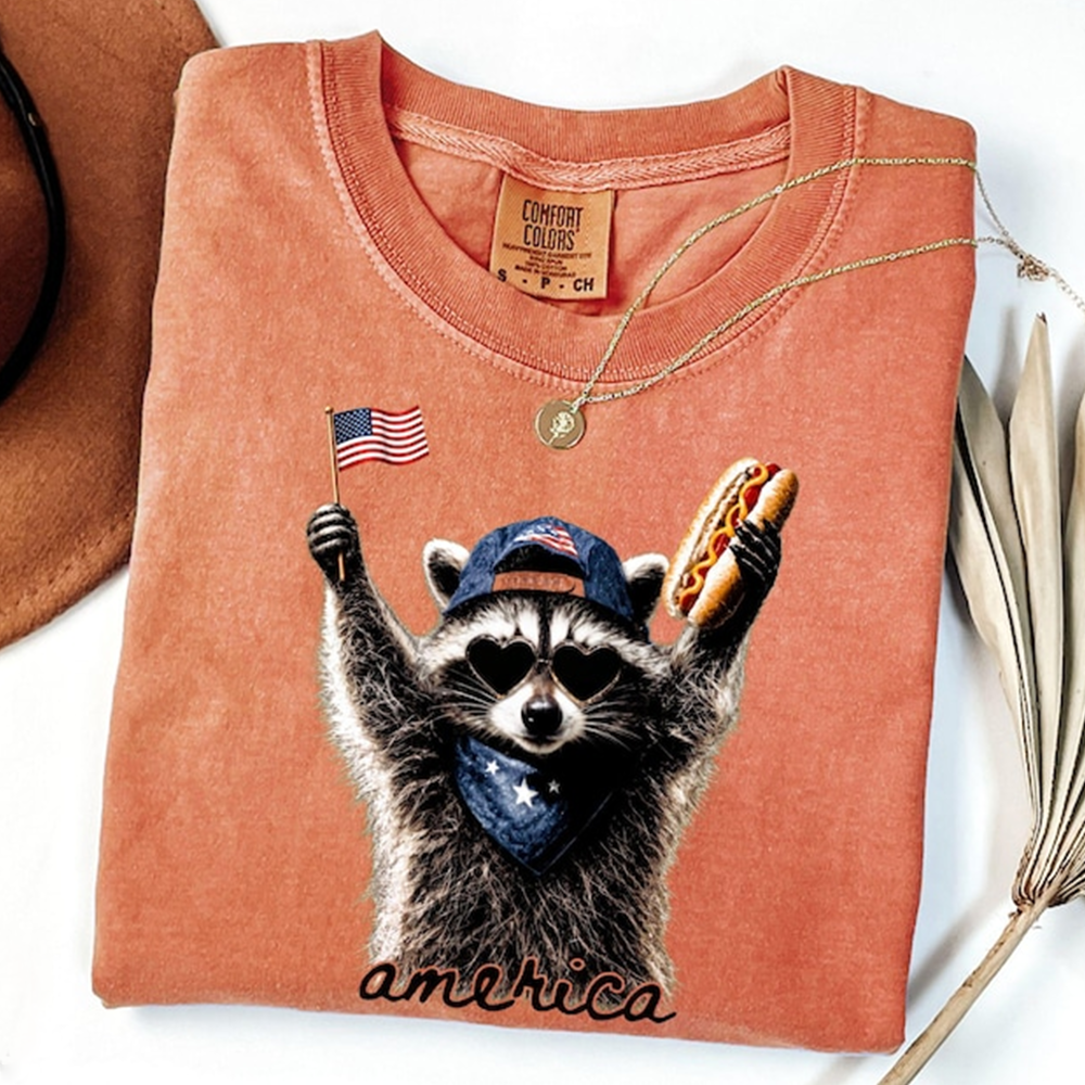Comfort Colors Funny America Raccoon Shirt with Sunglasses and Hot Dog, Patriotic USA Flag Tee, Cute 4th of July Graphic T Shirt for Adults, 250th Anniversary Shirt