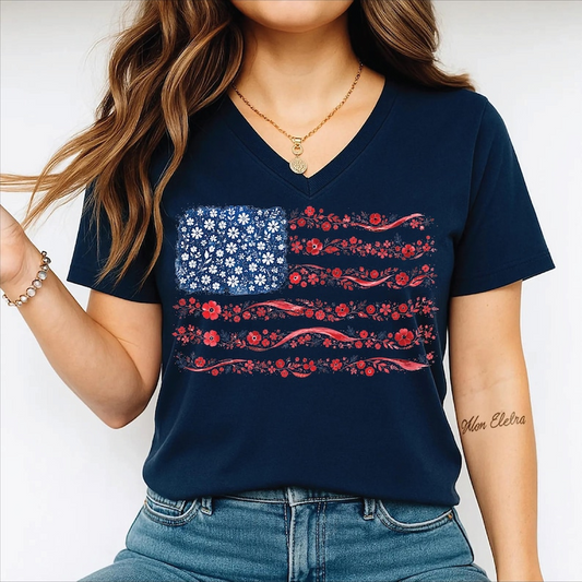 Floral American Flag Shirt, Patriotic USA Flag V Neck Tee, Red White Blue Fourth of July Shirt for Women, 250th Anniversary V-Neck