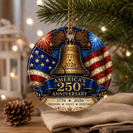 America 250 Ornament 1776-2026, Patriotic Liberty Bell Christmas Ornament, American Flag Ceramic Ornament, USA Heritage Keepsake Gift