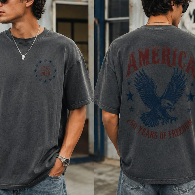 America 250 Years of Freedom Shirt, Patriotic Eagle Back Print T-Shirt