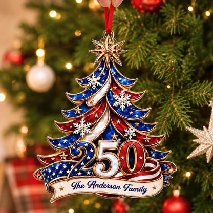 Personalized 250th Anniversary USA Flag Christmas Ornament - Custom Family Name Keepsake - Patriotic 2026 Holiday Decor Gift for Home