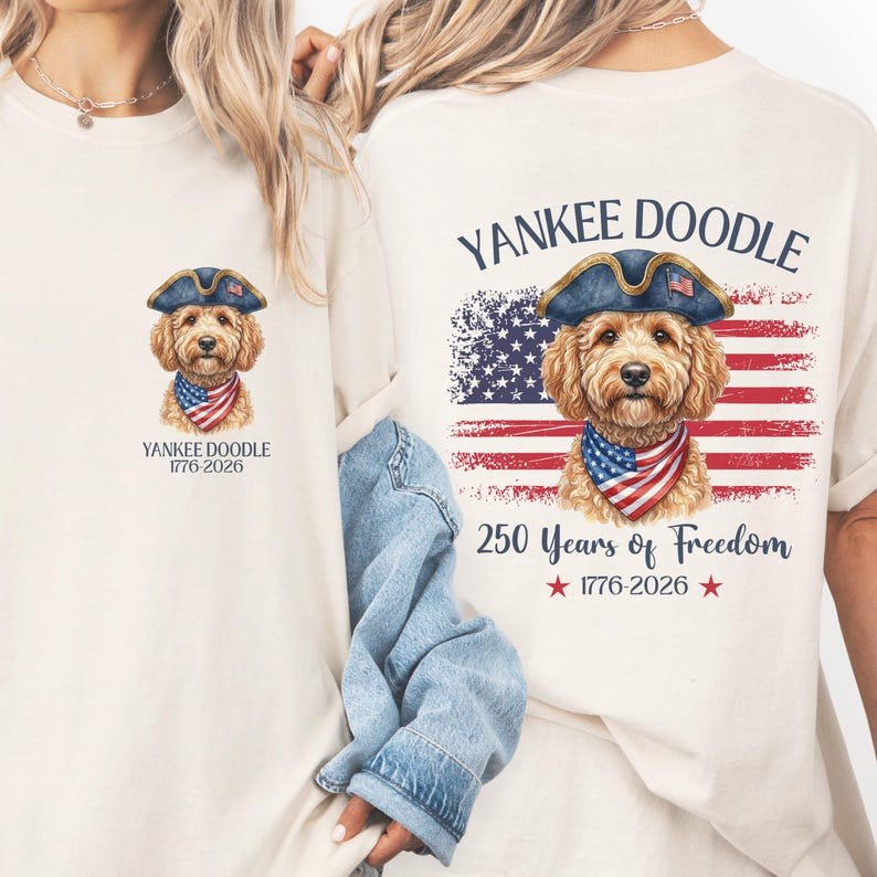 Patriotic Dog Lover Shirt, Yankee Doodle Goldendoodle T-Shirt, American Flag Puppy Independence Day Gift, America 250th Anniversary Shirt