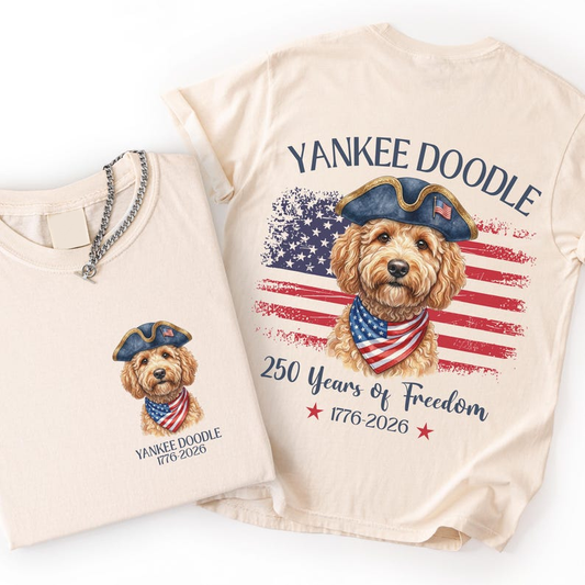 Patriotic Dog Lover Shirt, Yankee Doodle Goldendoodle T-Shirt, American Flag Puppy Independence Day Gift, America 250th Anniversary Shirt